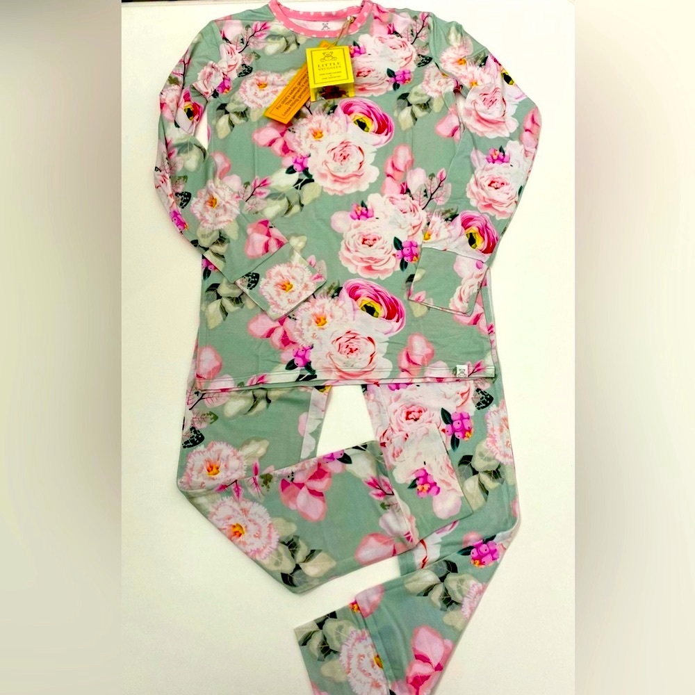 NWT Little Girls Pink Green Floral Soft Bamboo Long Sleeve Pajamas Set 12